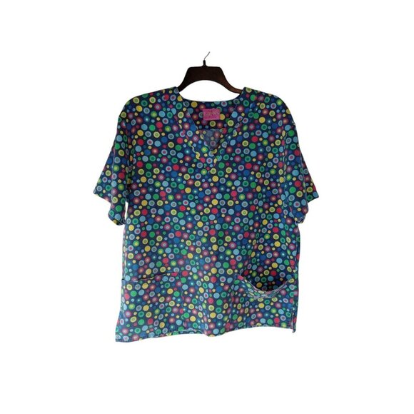 HUB-A DUB-SCRUBS Women's Polk Dot Multicolor V Neck Scrub Top sz 1 XL - Picture 1 of 7